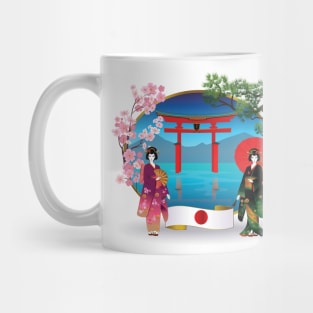 Geishas with Flag of Japan and Sakura Mug